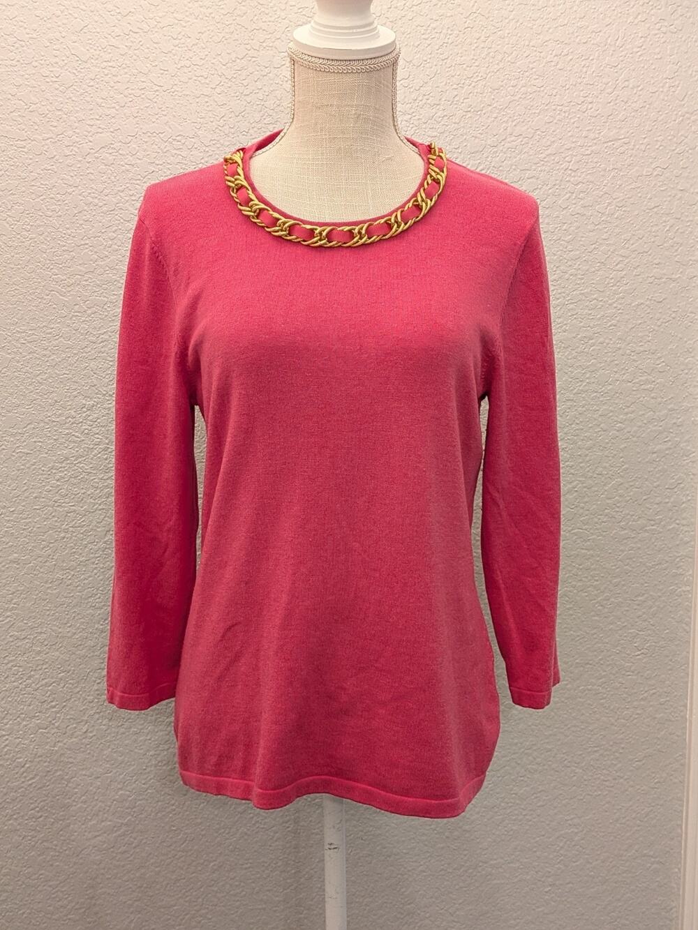 J. McLaughlin Pink W/ Gold Tone Chain Ribbon Cotton Modal Scoop Neck Sweater MED